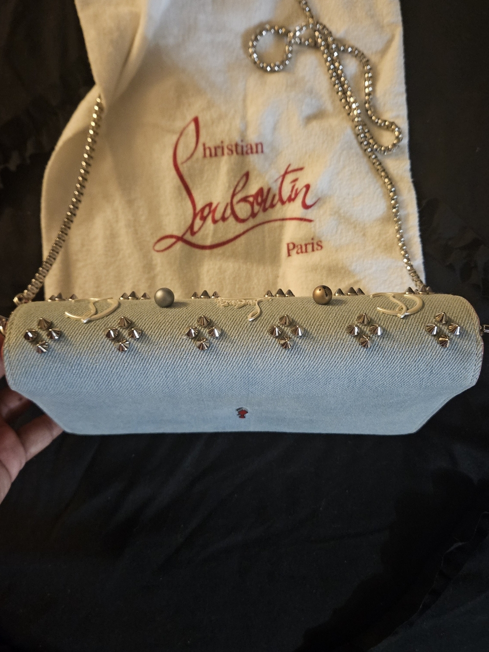 CHRISTIAN LOUBOUTIN Paloma The Sky Blue Denim Embellished Clutch Bag Crossbody - Picture 8 of 12